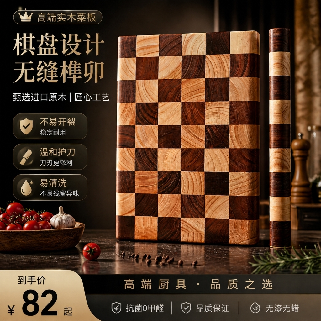 乌檀榫卯棋盘格菜板抗菌防霉家用实木食品级厨房专用砧案板切菜板