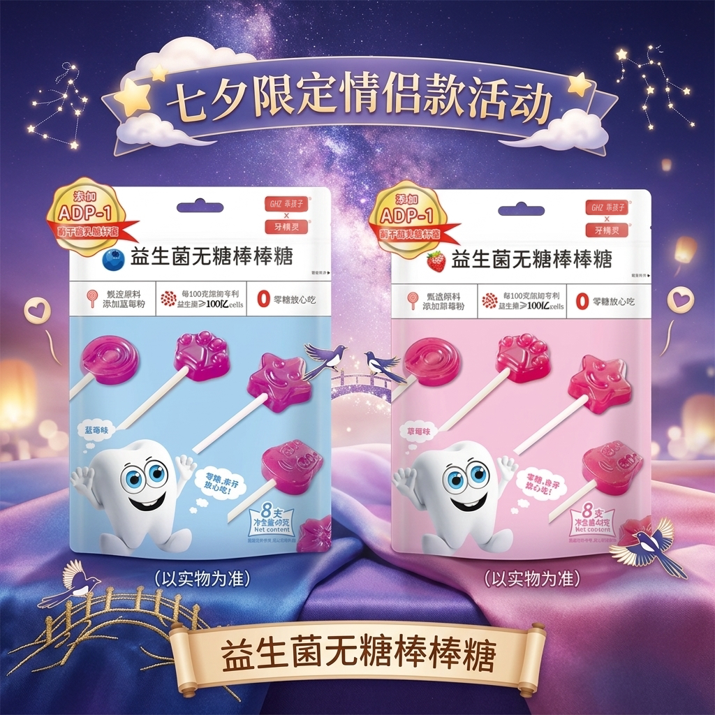 七夕节 儿童益生菌无糖棒棒糖呵护口腔宝宝休闲零食伴手礼盒