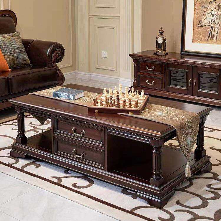 美式乡村客厅茶几实木复古雕刻罗马柱置物桌别墅大户型咖啡桌子