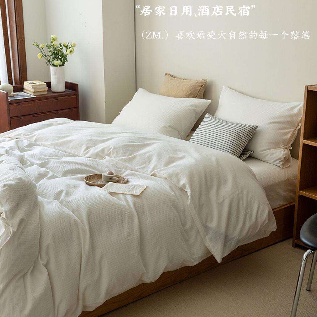 A类原棉四件套纯棉被套床单床笠民宿酒店纯白绑带原色不染床品