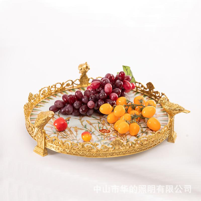 法式手绘陶瓷配铜水果盘摆件 欧式高端奢华软装家居玄关收纳托盘