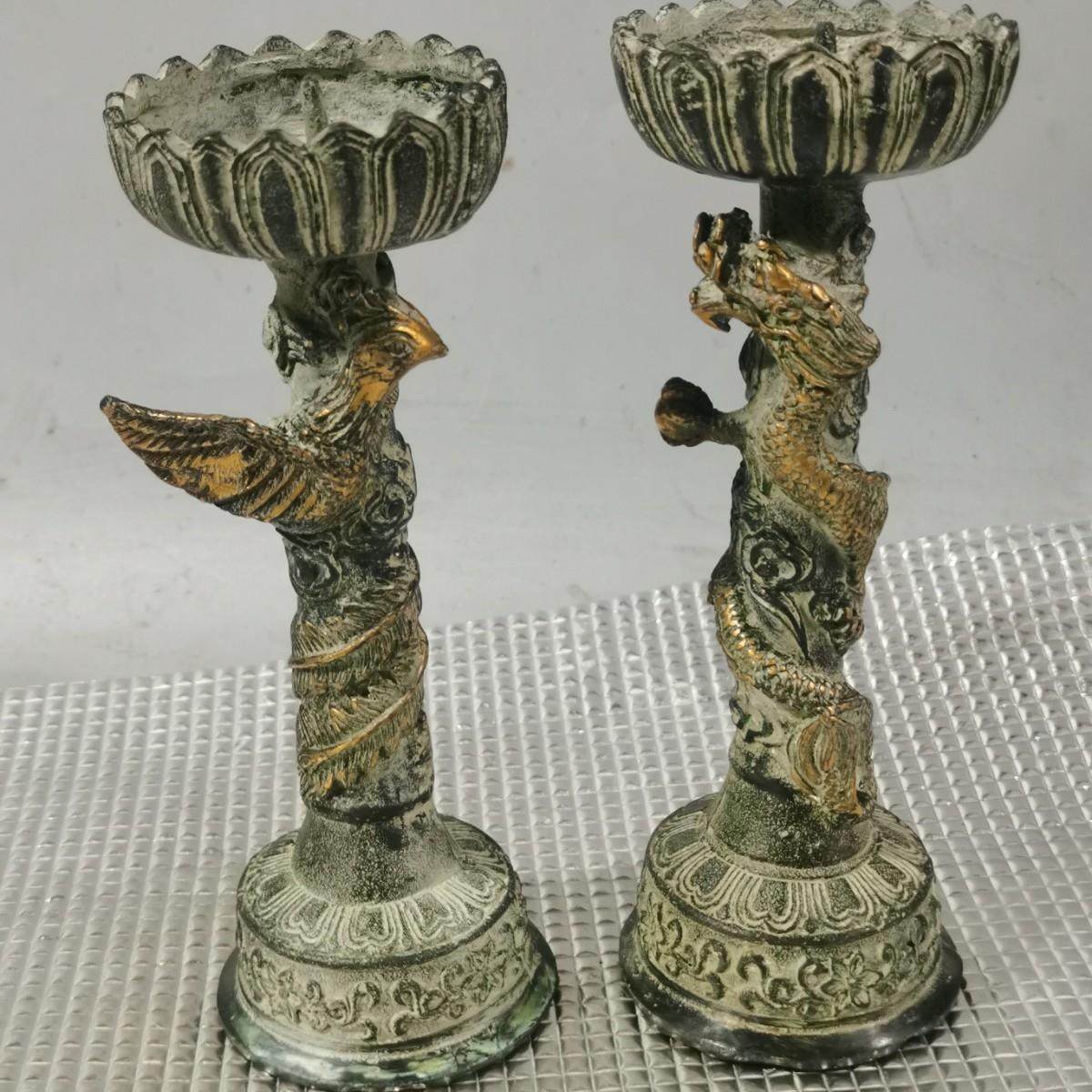 仿古龙凤烛台摆件古玩杂项龙凤呈祥烛台一对家居装饰古董工艺品