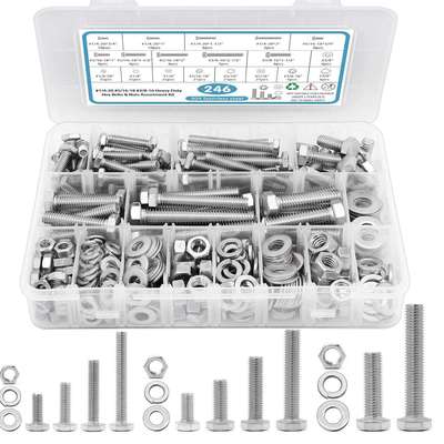 跨境热销246/252pcs英美制304不锈钢外六角螺栓螺母平弹垫圈套装