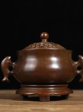 苏工做旧铜香炉底座仿古双鱼耳禅意荷花熏香炉家用大明宣德炉摆件