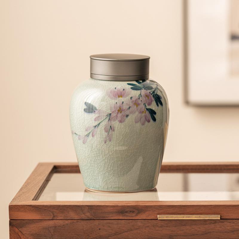 冰片釉纯手绘茶叶罐陶瓷家用密封罐迷你便携防潮储茶花茶罐醒茶仓