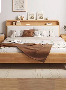 北欧实木床1.8米主卧双人床1.5m带灯usb原木现代简约高箱储物大床