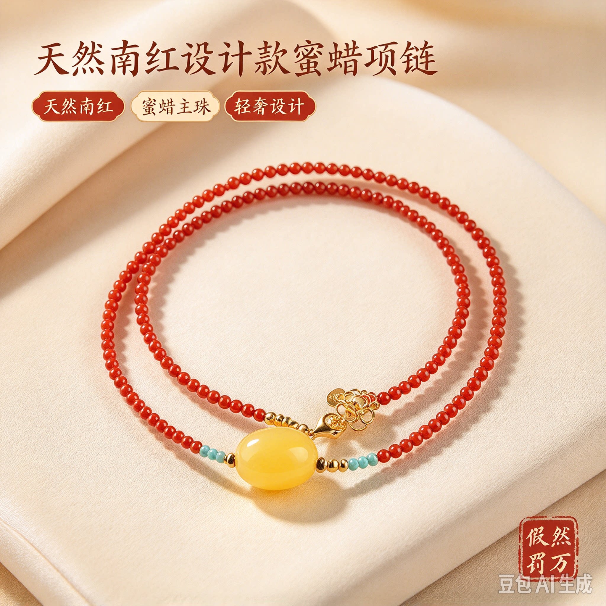 南红设计款天然鸡油黄蜜蜡项链