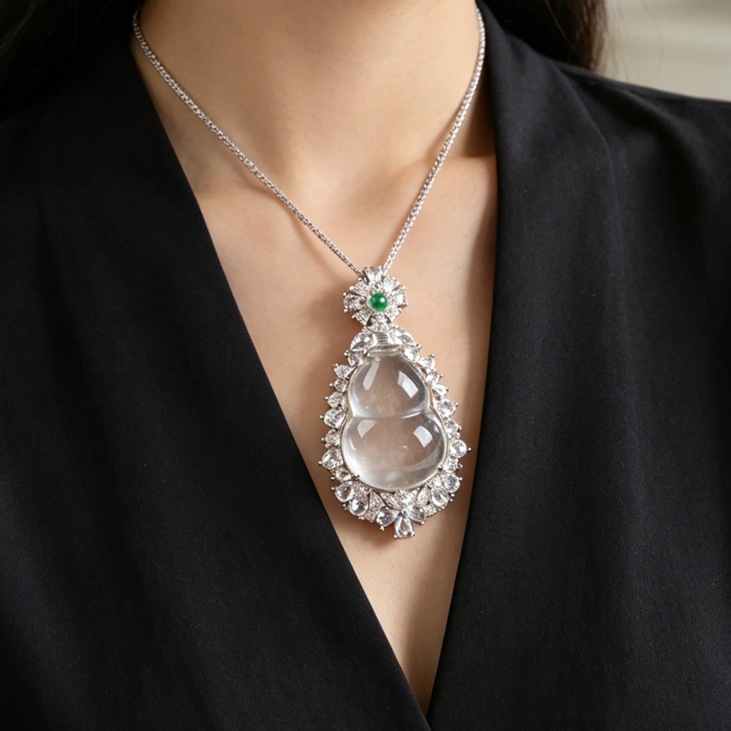 欧说珠宝S925银镶高冰葫芦项链