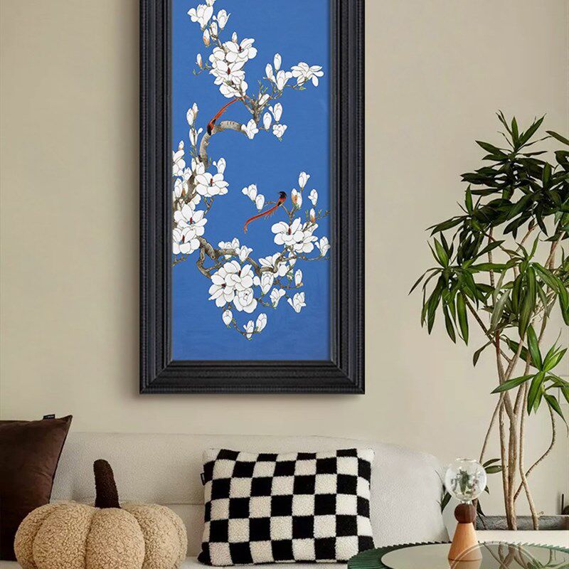 客厅书房蓝色系淡雅玉兰花卉花鸟图客厅法式装饰挂画玄关手绘油画