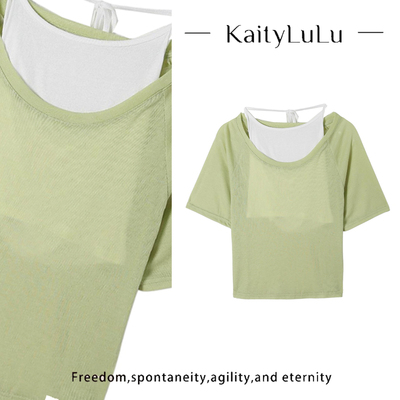 KaityLuLu【白茶午后】绑带气质百搭圆领短袖KT528D015