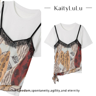 KaityLuLu【月牙湾】 蕾丝假两件拼接圆领短袖KT528D002