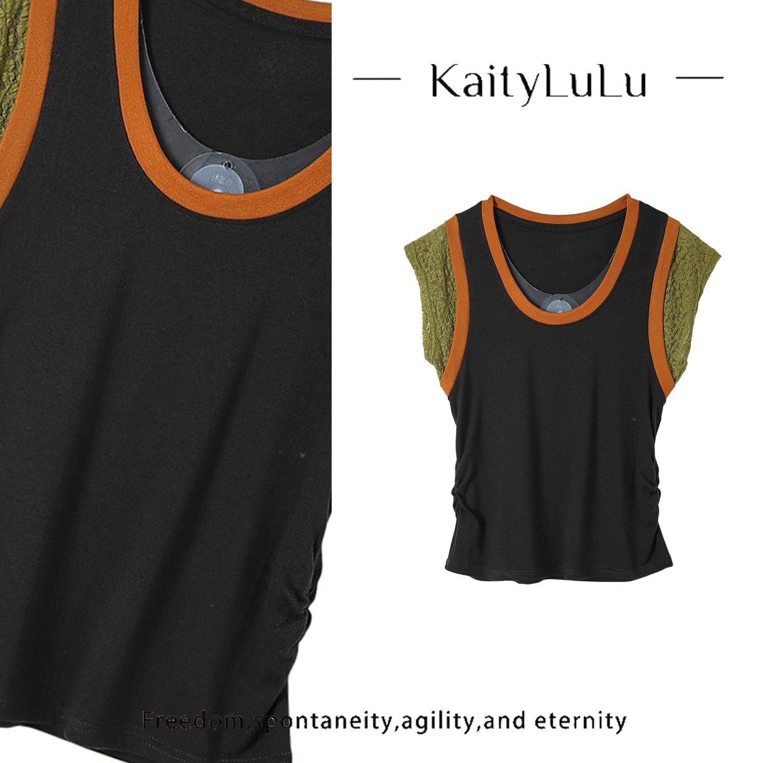 KaityLuLu【潮流街区】 撞色拼接圆领百搭上衣KT528D003