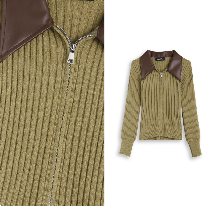 KaityLuLu【抹茶可可】 皮领拼接针织拉链毛衣KL1220D085
