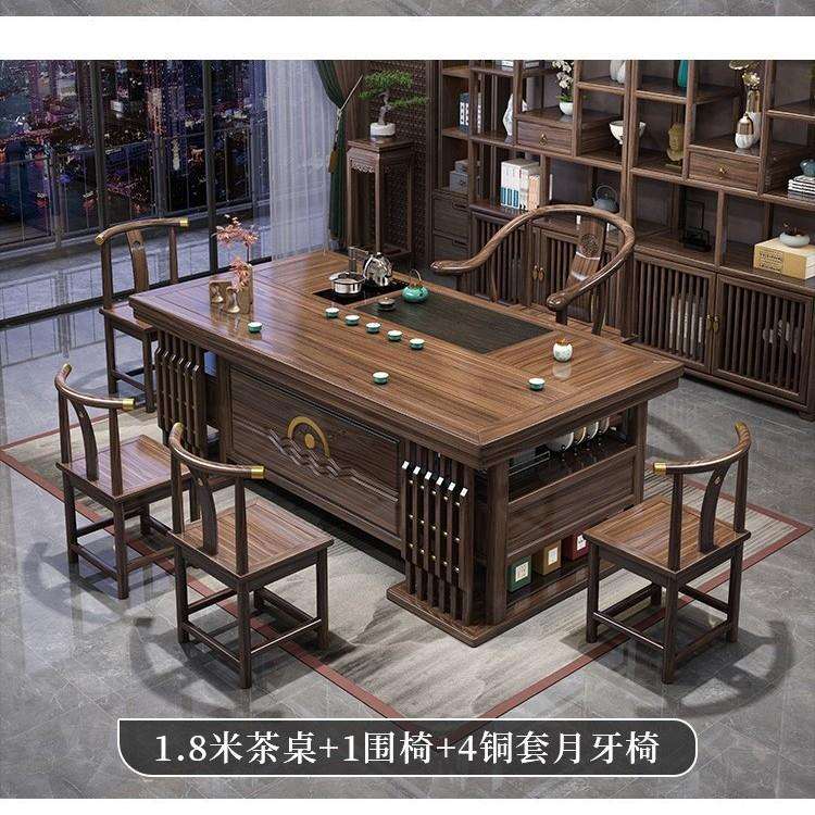 中式实木茶台公司家用厚德载物储物茶桌原木石盘茶桌套装厂家