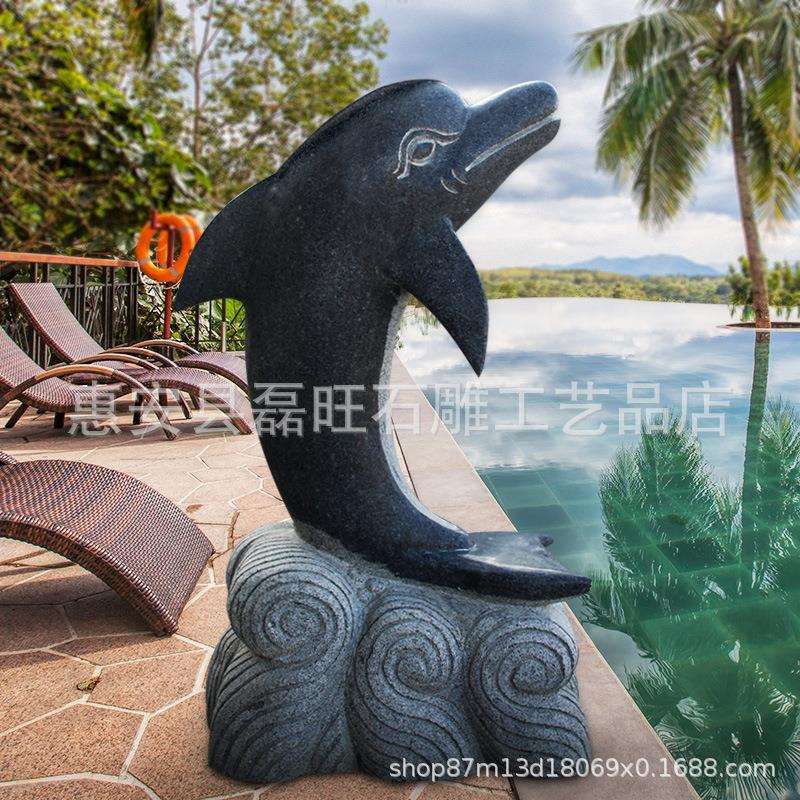 厂家直销石雕海豚 园林景观芝麻黑海豚 喷水动物海洋馆装饰摆件