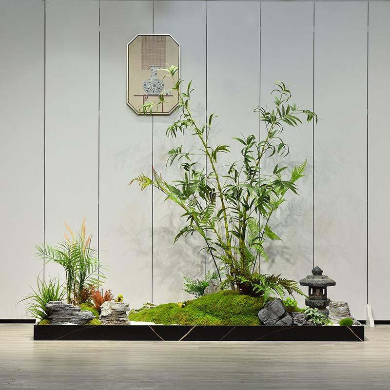 新中式室内造景茶室玄关形象墙装饰布置仿真绿植罗汉竹迎客松景观