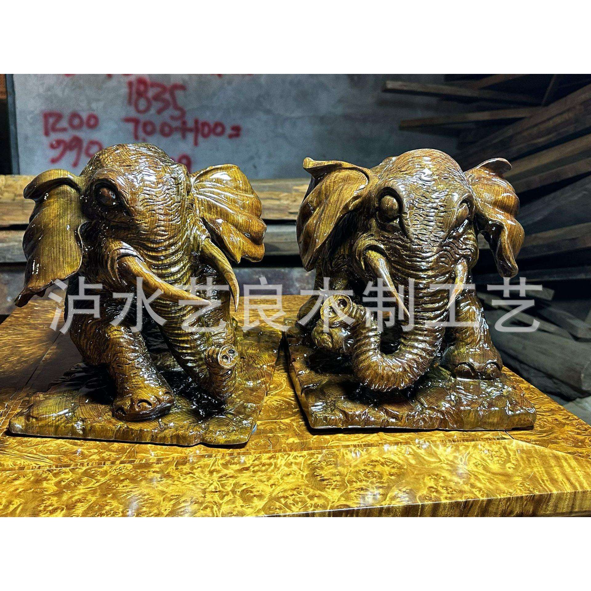 阴沉金丝楠木一体制作摆件 乌木雕件 一木两件整体刻画 大象两件