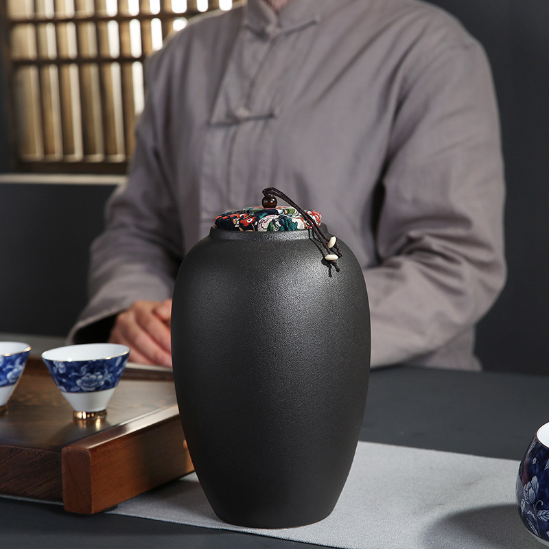 复古黑陶茶叶罐大号一斤装粗陶醒茶罐陶瓷茶仓普洱密封罐家用摆设