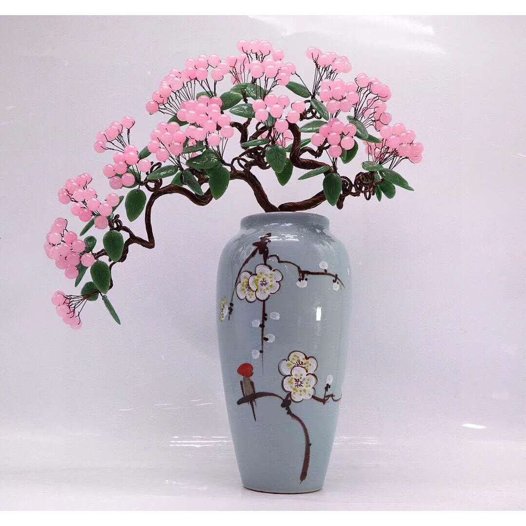 天然粉玉髓水晶发财树居家摆件简约款百搭花瓶造型复古古典中式禅
