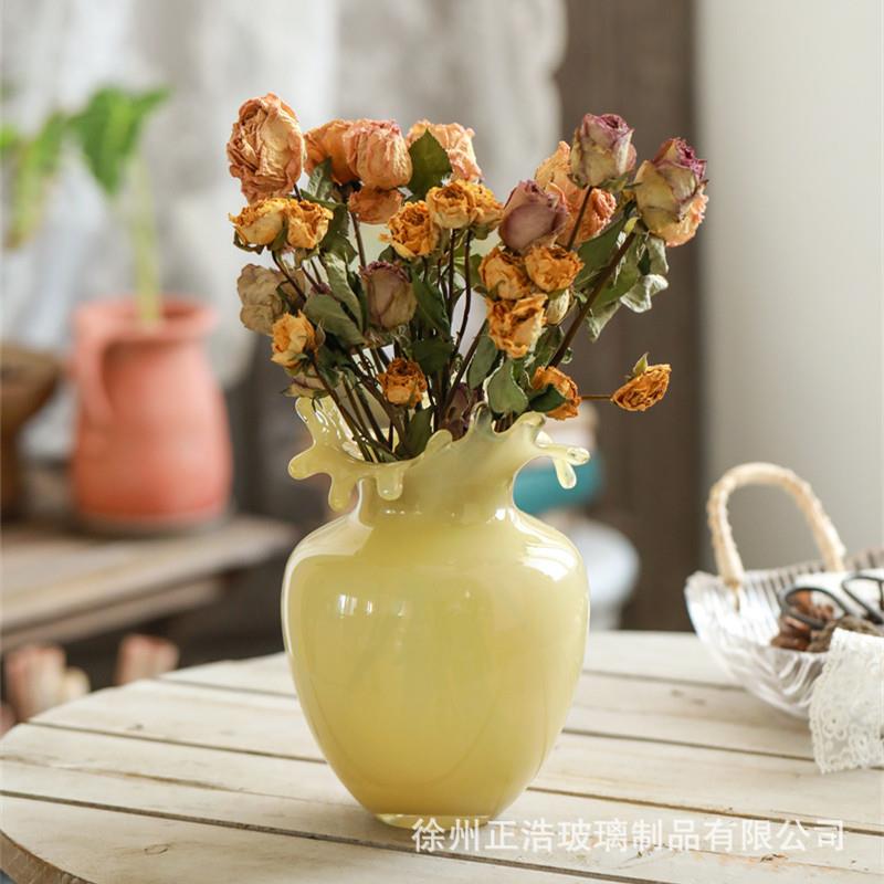 轻奢美式庭院大口波浪摆件玻璃花瓶客厅餐桌摆件水培鲜花绿植防玉