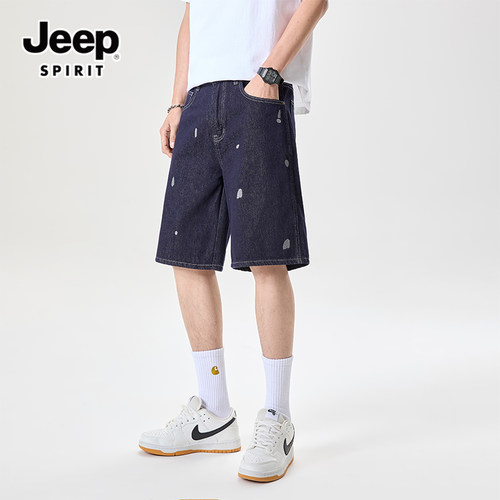 JEEP SPIRIT2026新款美式复古原牛阔腿牛仔五分裤男宽松刺绣短裤
