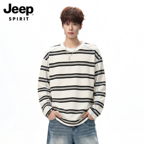 JEEPSPIRIT秋季条纹圆领长袖T恤