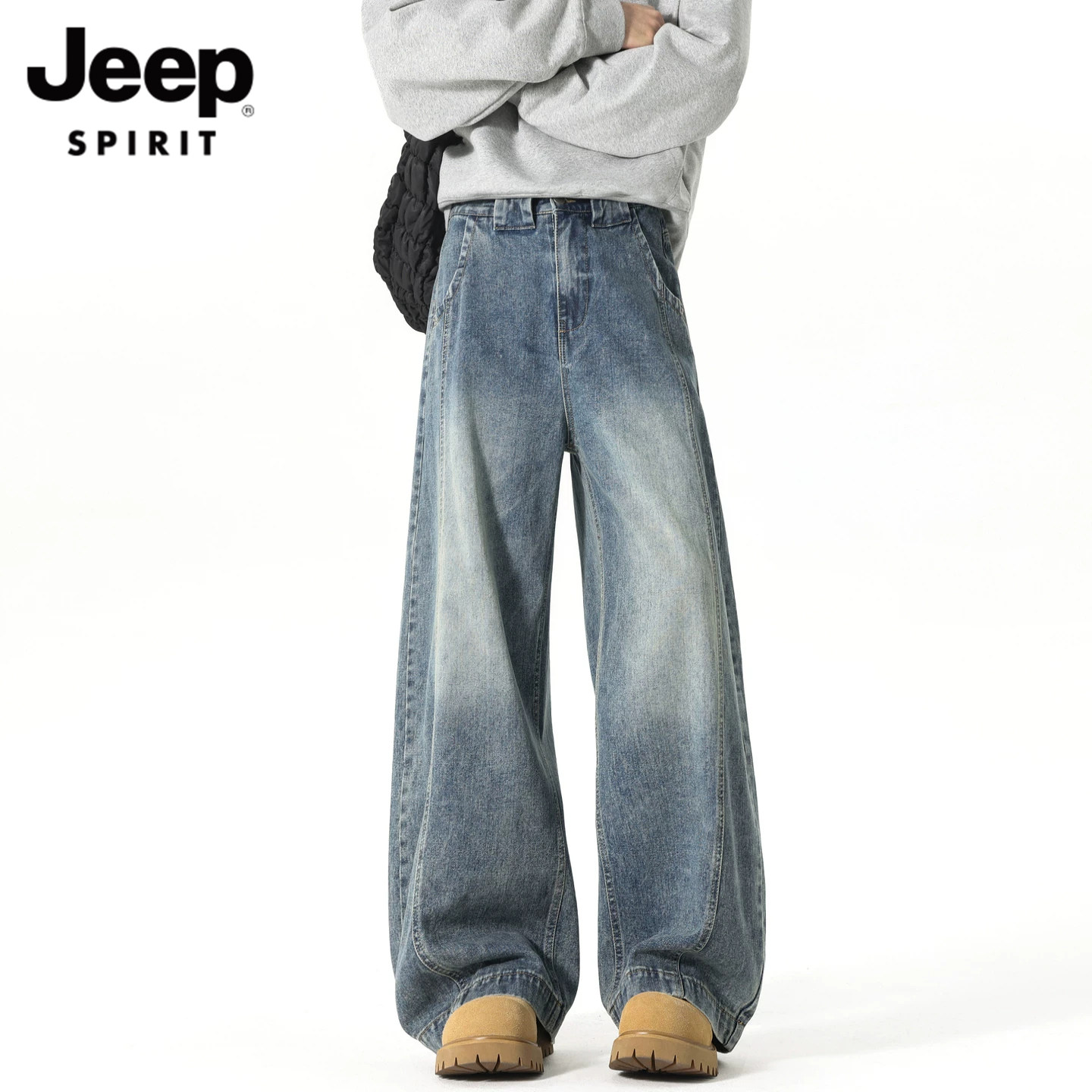 JEEP SPIRIT美式潮牌解构水洗直筒牛仔裤男宽松阔腿百搭长裤