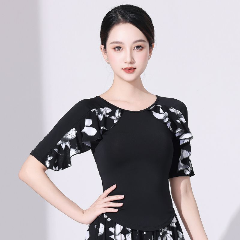 2026新款摩登舞上装女中袖花色舞蹈上衣广场交谊舞小衫女士国标舞