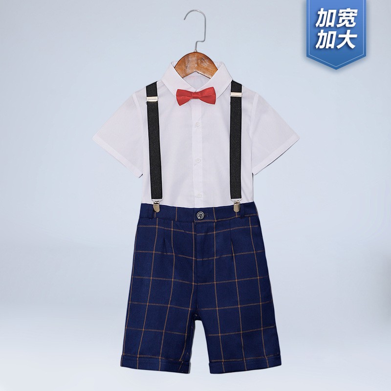 2026新款儿童礼服春夏装加肥短袖背带裤套装胖童毕业主持演出