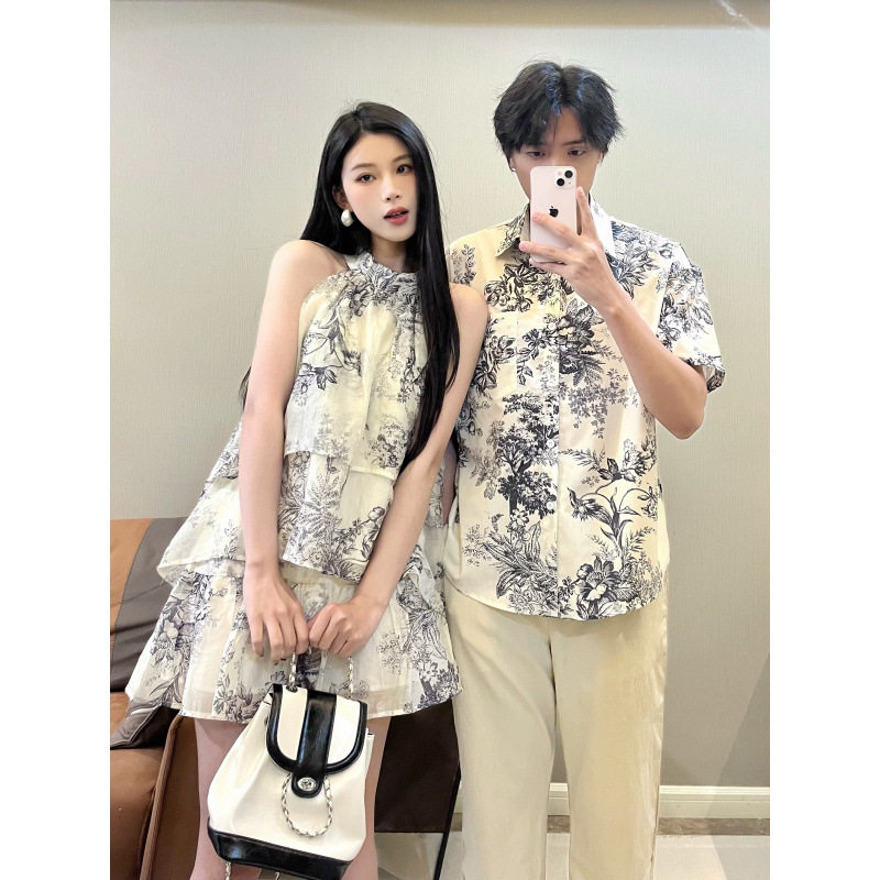 2026新款夏季情侣装出游度假新中式女套装挂脖男短袖T恤衬衫潮男