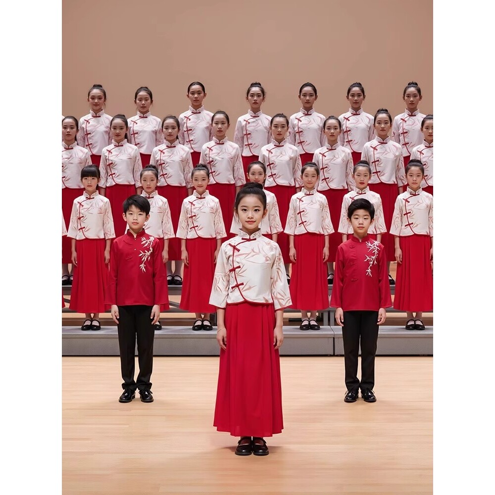 2026新款儿童初中小学生男女童合唱中国风红色爱国礼服演讲朗诵比