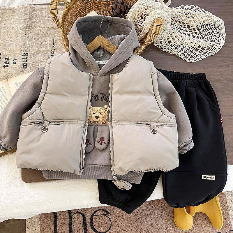 2026新款冬季男宝宝套装婴儿童棉衣小男童加绒加厚卫衣三件套