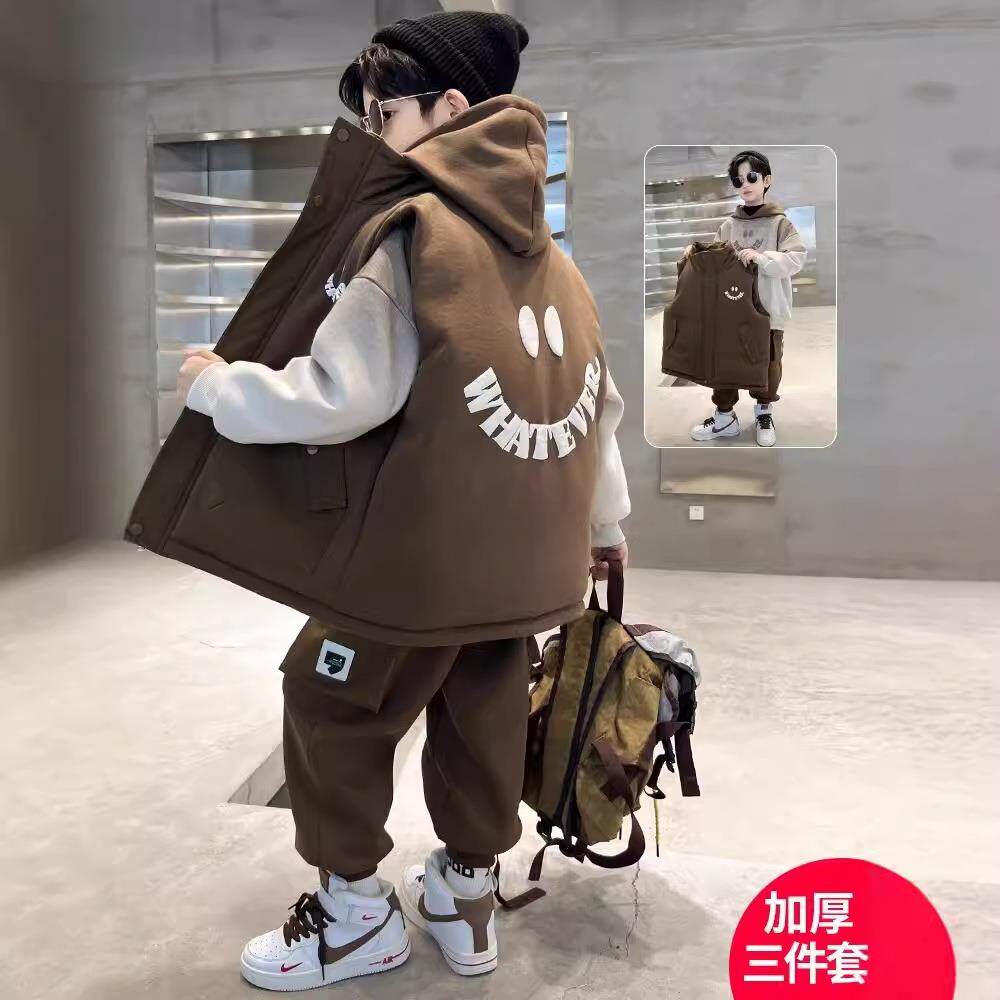 2026新款男童加绒套装冬装加厚中大儿童男孩冬款卫衣三件套冬