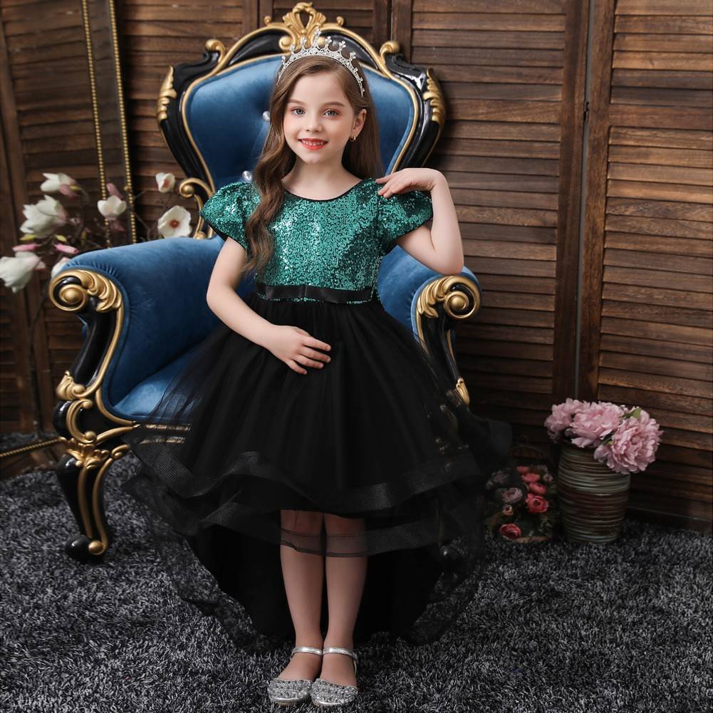 2026新款欧美女童连衣裙舞蹈演出服彩虹亮片网纱七彩蓬蓬裙儿童拖