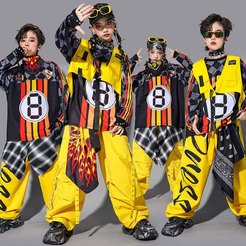 2026新款儿童黄色街舞演出服男童嘻哈马甲套装少儿hiphop潮