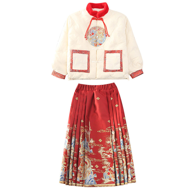 2025新款女童中国风马面裙套装汉服大童冬季白鸭羽绒服红色拜