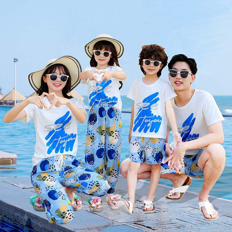 2026新款一件亲子装夏款沙滩海边旅游一家三口全家装束脚套装