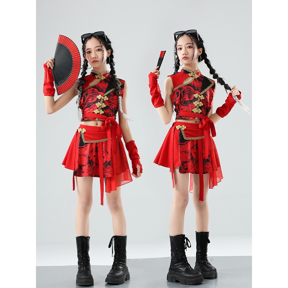 2026新款中国风红龙短裙爵士舞街舞走秀团体演出服女童红龙分体套