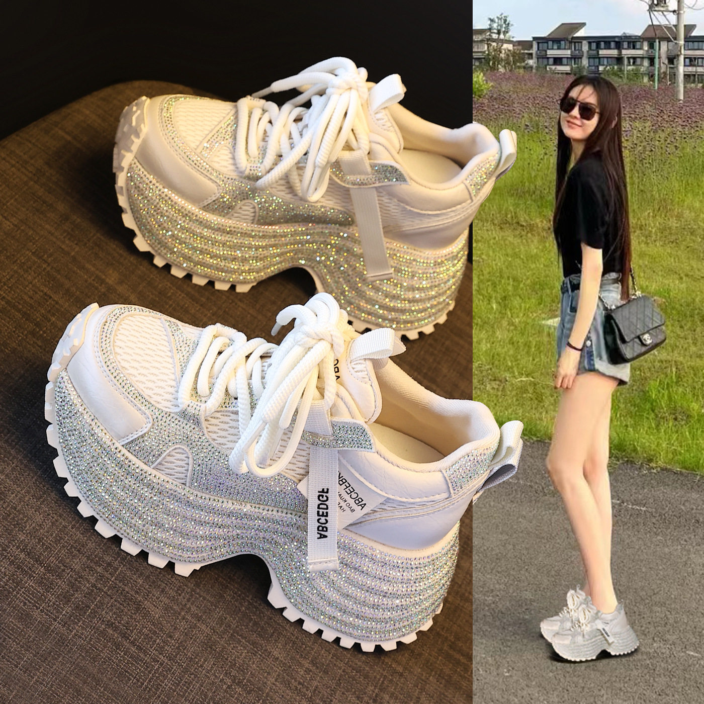 2026新款HC3603厚底内增高时尚满钻老爹鞋女春季网面运动休