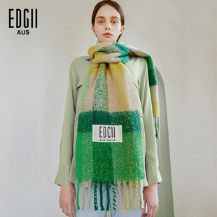 [明星同款]EDGII棉花糖羊围巾拼色格纹柔软蓬松围巾披肩-森林绿