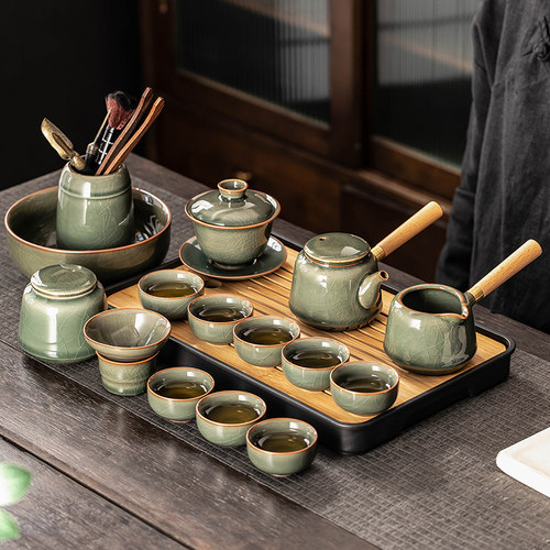哥窑侧把壶功夫茶具套装家用陶瓷泡茶壶茶杯办公室会客喝茶泡茶器