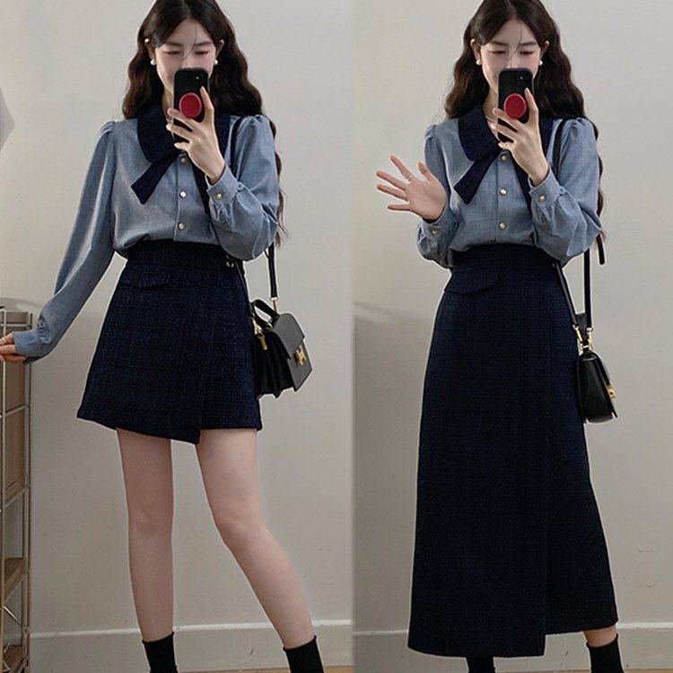 实拍大码女装2025春季新款韩系小香通勤衬衫+高腰遮肉显瘦裙裤