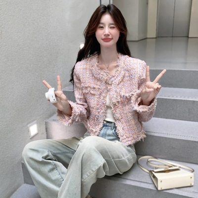 法式气质名媛小香风粉色粗花呢外套女秋冬季高级感小个子短款上衣