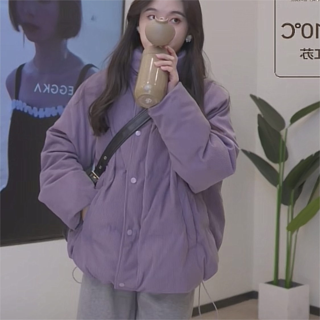 冬季紫色羽绒棉服女保暖加厚灯芯绒棉衣外套面包服立领棉袄