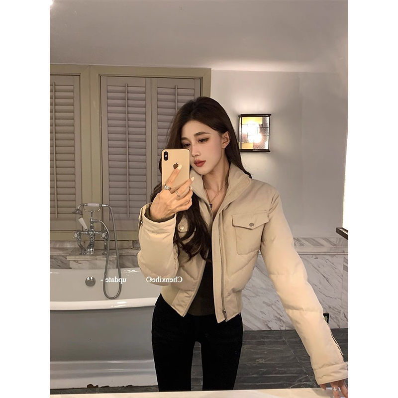 米色面包服女2025年冬季新款韩版韩系短款收腰立领机车棉服外套潮