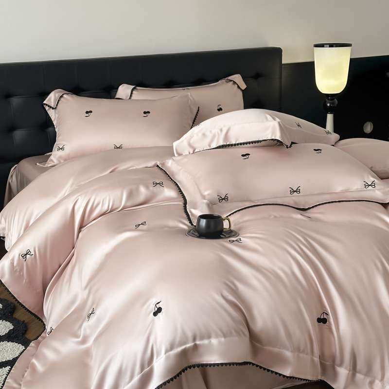 夏季60S双面水洗真丝四件套凉感丝滑被套蝴蝶结刺绣冰丝床单床品4