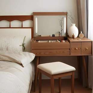 全实木梳妆台2025新款收纳柜一体卧室新中式小型书桌化妆桌镜组合