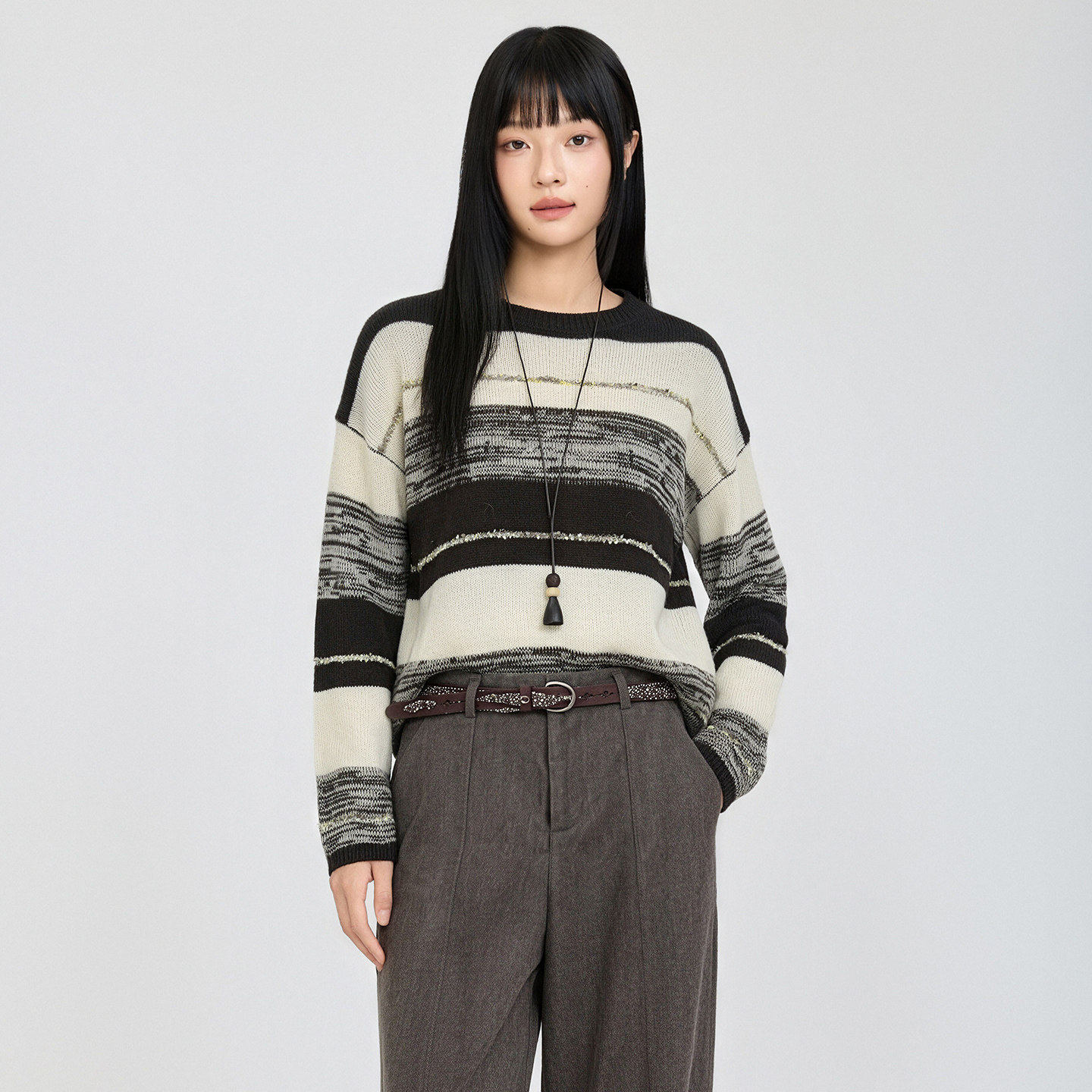芭依璐秋装羊毛条纹针织衫女显瘦