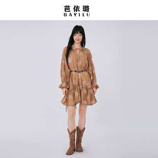 芭依璐连衣裙2026春装新款时尚绣花重工气质小个子长袖灯笼袖裙子