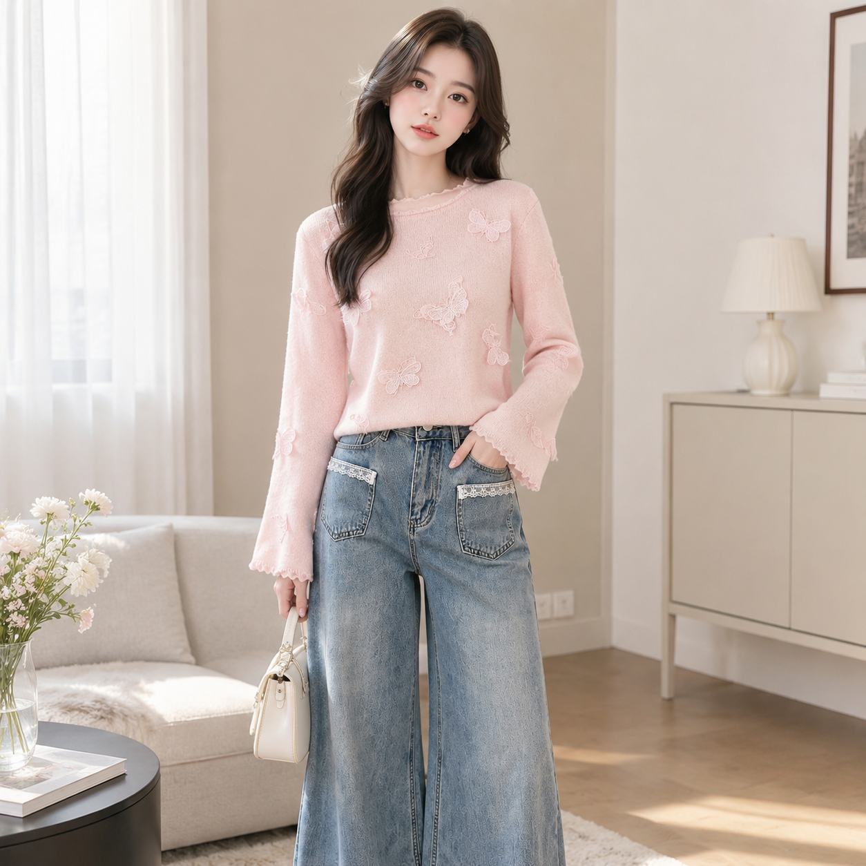 浅蓝色阔腿牛仔裤女蕾丝花边设计